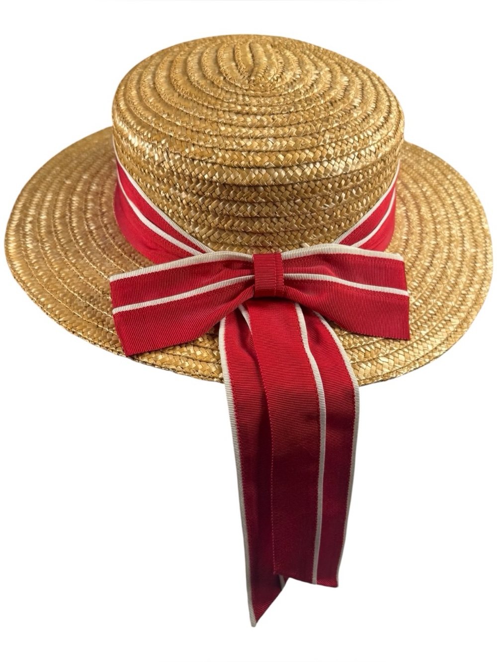 Vtg. 80s Laura‎ Ashley Straw Boater Hat Red Ribbon Bow Cottagecore Great Britain